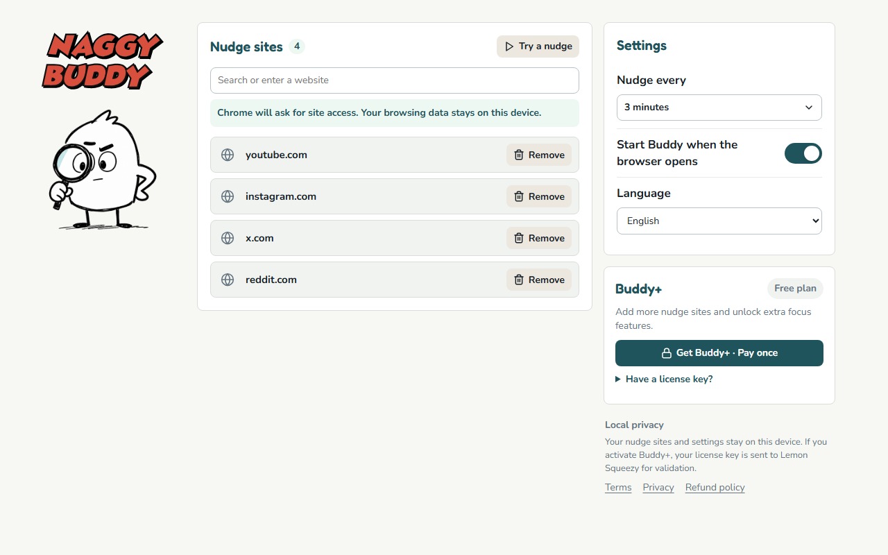 Current Naggy Buddy settings showing a three-minute reminder interval