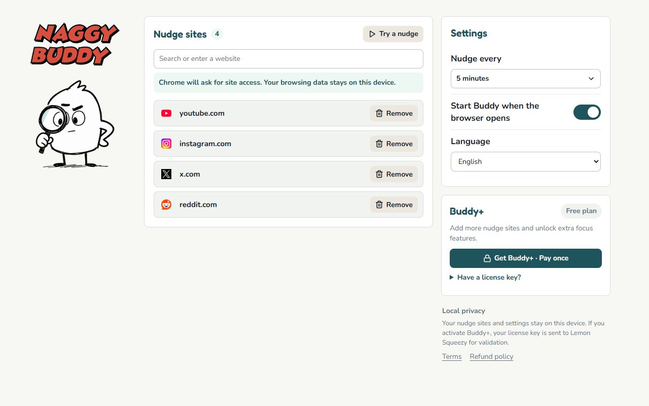 Naggy Buddy settings with four selected nudge sites and a five-minute interval