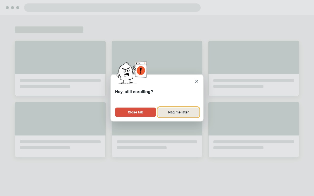 Naggy Buddy showing an in-page reminder with Close tab and Nag me later actions