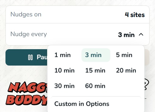 Naggy Buddy popup with the reminder interval menu open