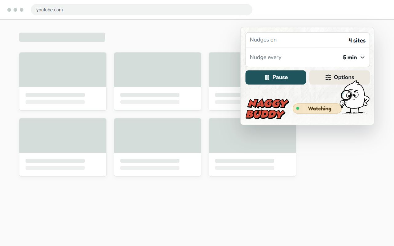 Naggy Buddy popup showing four active nudge sites and a five-minute interval